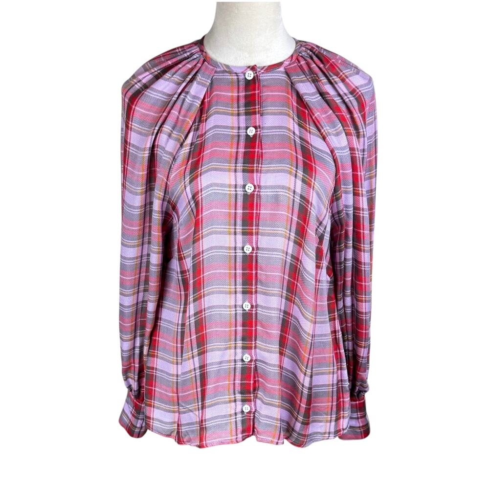 Pearl by Lela Rose Lilac & Red Plaid Sheer Mesh Long Sleeve Button Up Blouse